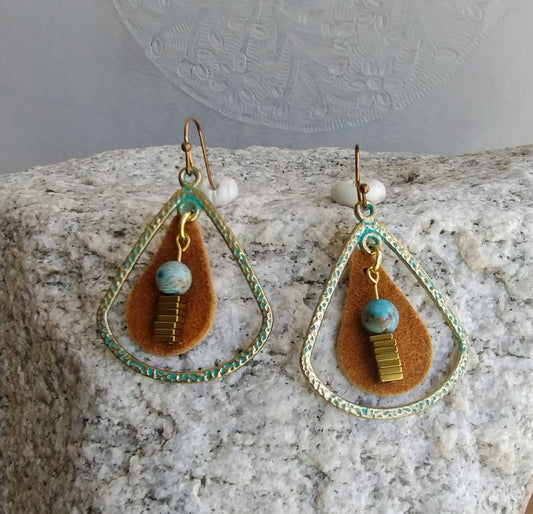 Leather Earring, Dangle Earring, Turquoise Earring, Leather and Metal Earring