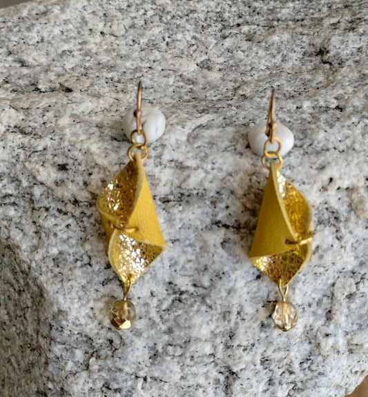 Dangle Earrings Gold Leather Sparkly
