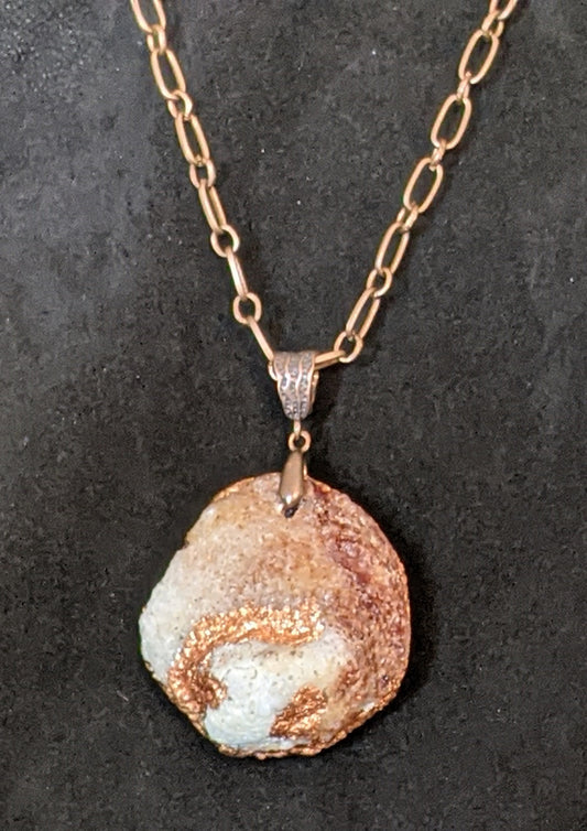 Blue leather pendant necklace with pearls and copper details