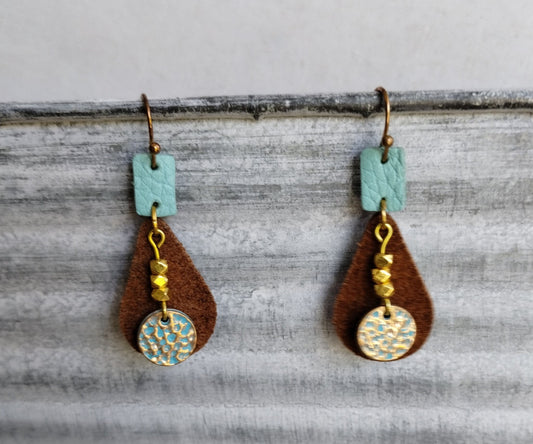 Earrings, leather, dangle with brown suede and turquoise smooth leather